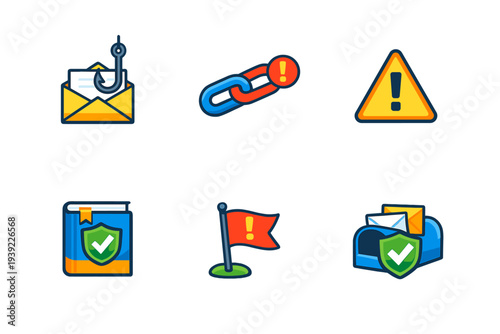 A collection of six cybersecurity icons featuring a phishing email with a hook, a malicious link, a warning sign, a security manual, a red flag, and a protected mailbox.