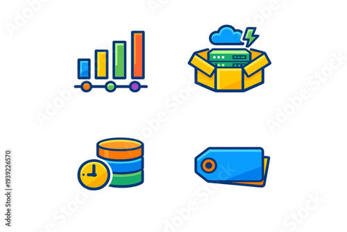 A set of four colorful flat icons representing data analytics, cloud computing, database management, and e-commerce tagging on a solid black background.