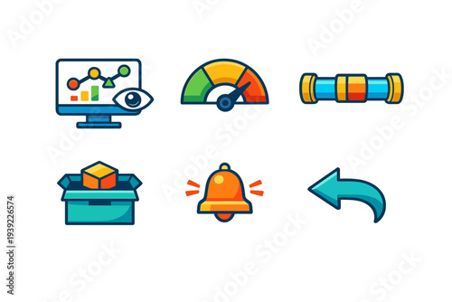 A collection of six colorful vector icons on a black background, including a data monitor, a gauge, a pipe, an open box with a cube, a ringing bell, and a curved arrow.
