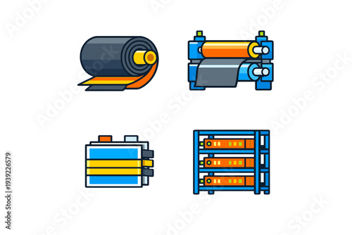 A set of four industrial icons representing battery manufacturing processes, including material rolls, rolling machinery, battery cells, and energy storage rack systems on a black background.
