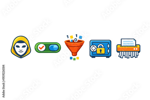 Five stylized icons representing cybersecurity concepts including a masked hacker, a toggle button, a data filter, a locked safe, and a document shredder against a black backdrop.