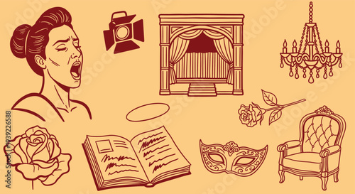 Vintage illustration of theatrical elements including a singer, stage, spotlight, roses, mask, and armchair on a beige background
