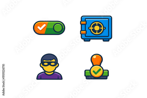 A set of four colorful security icons on a black background, including a toggle switch with a checkmark, a blue metal safe, a masked thief character, and a green approval stamp.