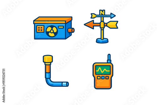 A set of four flat vector icons representing HVAC and weather monitoring equipment, including an air conditioner, a weather vane, a pipe fitting, and a digital handheld tester.