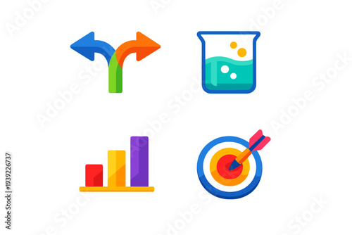 This collection features four vibrant flat icons on a black background: a directional split arrow, a chemical beaker, a bar chart, and a target with a dart hitting the bullseye.