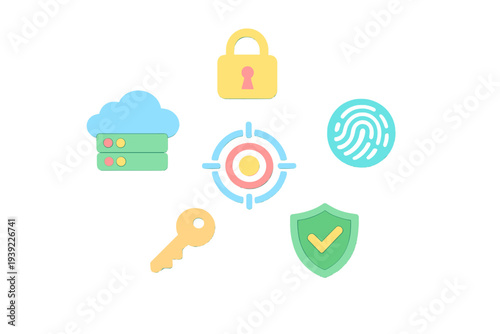A collection of colorful 3D icons representing cybersecurity concepts including a padlock, fingerprint, shield, key, cloud server, and target arranged on a black background.