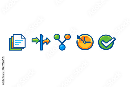 Five vibrant icons representing a business process workflow, featuring document stacks, directional arrows, a network node, a time clock, and a completion checkmark on a black background.