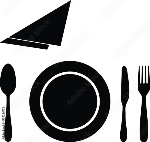 Restaurant table setting silhouette with plate knife fork spoon and napkin for dining and catering design