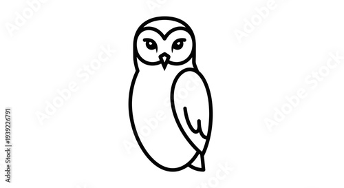 Simple black and white line art illustration of an owl, minimalist vector graphic of a wise nocturnal bird icon