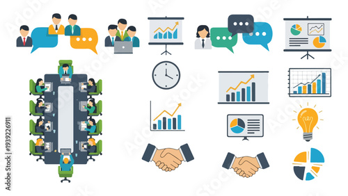 Flat Design Business Growth Concept with Teamwork, Technology, and Productivity Icons Vector Illustration