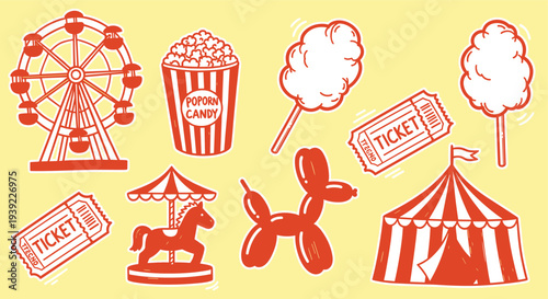 Whimsical Carnival and Fairground Icons Featuring Ferris Wheel Popcorn Cotton Candy Tent and Carousel Horse with Balloon Animal