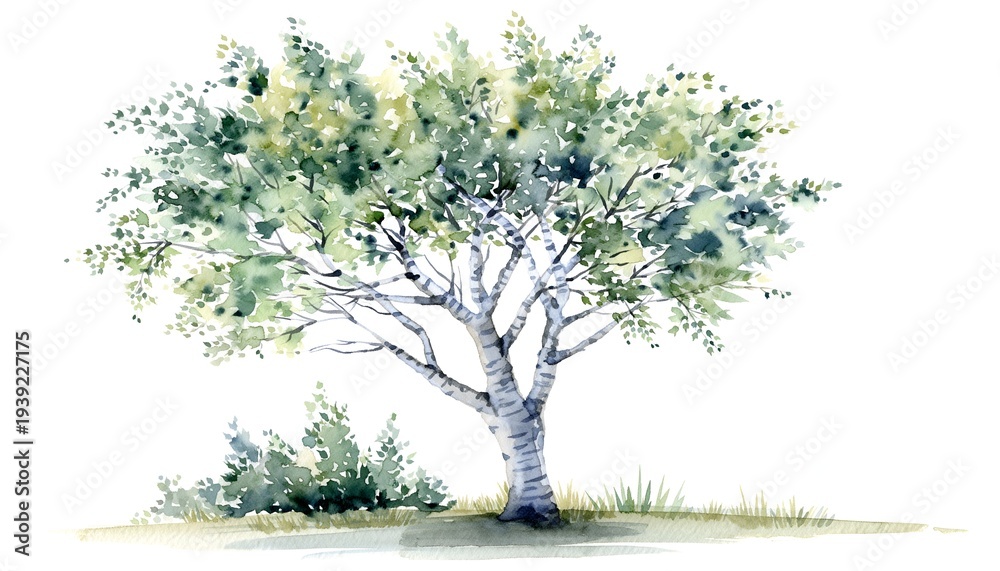 Obraz premium Watercolor birch tree illustration with green foliage on a white background in spring