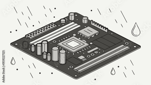Computer motherboard getting wet in the rain electronic circuit board.