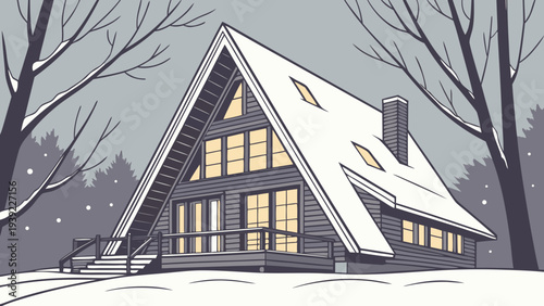 Cozy Aframe cabin in snowy winter forest landscape.