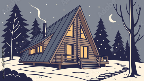 Cozy Aframe cabin in a snowy winter landscape at night.