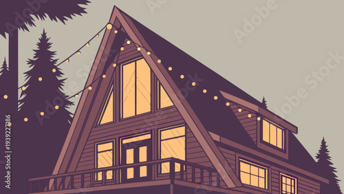 Cozy Aframe cabin with string lights in a forest setting.