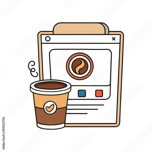 Coffee to go cup on clipboard with website, International Coffee Day online