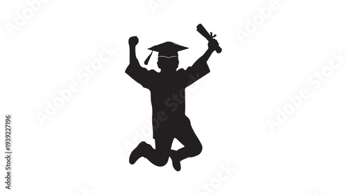 Graduation Success Silhouette Vector: Graduate Celebrating Victory with Diploma and Cap in Minimalist Black Style