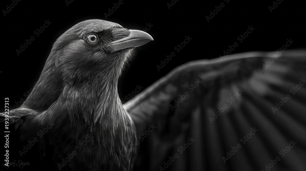 Fototapeta premium Black raven stands poised against deep shadow