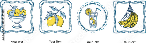Hand drawn fruits and drink in decorative frames with text placeholder