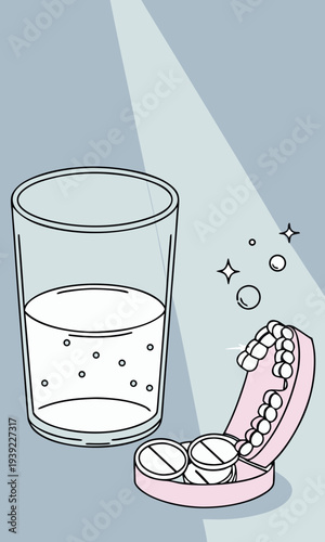 Denture cleaning tablets and glass of water for oral hygiene.