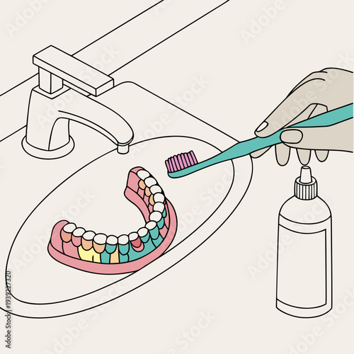 Denture care routine with toothbrush and toothpaste in a bathroom sink.