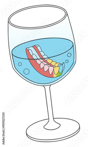Denture in a glass of water a humorous illustration of dental hygiene.