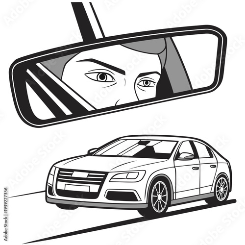 Drivers Reflection in Rearview Mirror with Car on Road.