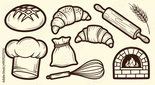 Artistic Sketch of Baking Tools and Pastries Including Bread Croissants Rolling Pin Whisk and Oven