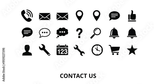 Collection of black communication and contact icons detailed silhouette