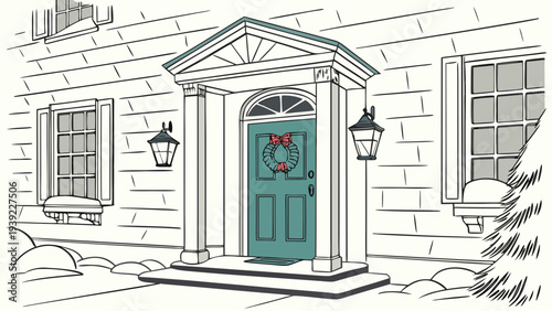 Front door of a house decorated for Christmas.