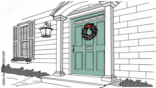 Front door of a house with a festive wreath showcasing holiday decorations and architectural details.