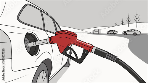 Fueling up a car with a red gas pump nozzle on a snowy road.