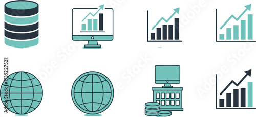 Business data analytics icons including database monitor charts and global network symbols in teal