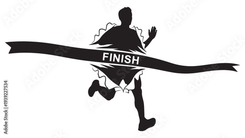 Silhouette Runner Crossing Victory Finish Line Banner in Minimalist Flat Vector Style