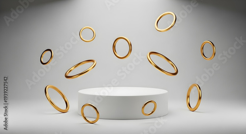 Abstract 3D render of floating golden rings around a white product podium under spotlight