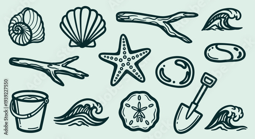 Collection of beach elements including shells, starfish, driftwood, waves, sand dollar, bucket and shovel on a light blue background