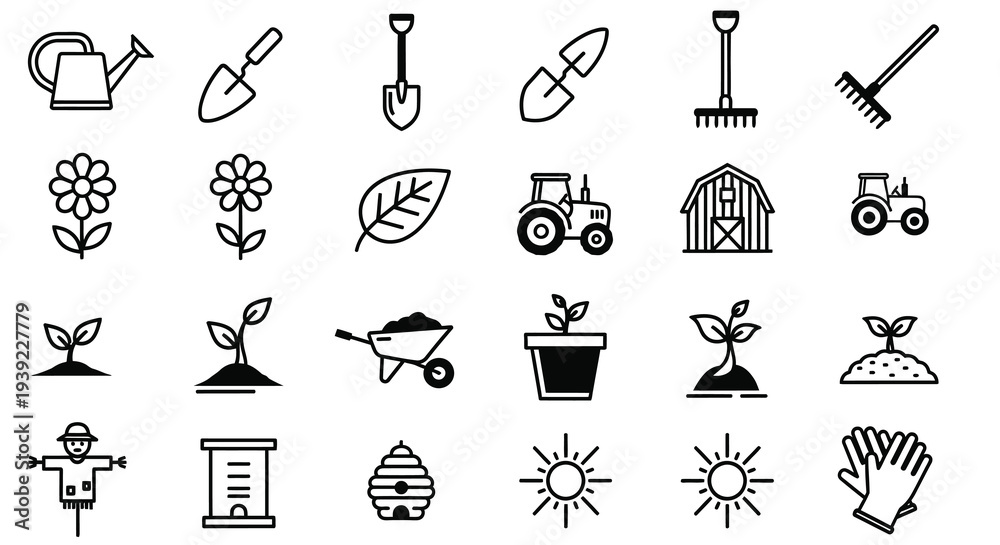 Fototapeta premium Gardening tools plants and farm equipment in a minimalist silhouette