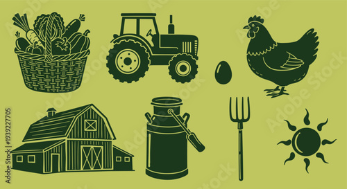 Rustic farm life illustration featuring a barn tractor basket of vegetables chicken egg pitchfork and sun on a green background