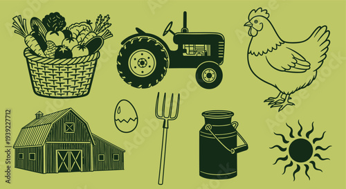 Farm life illustration with tractor barn chicken vegetables egg milk jug sun and pitchfork on green background