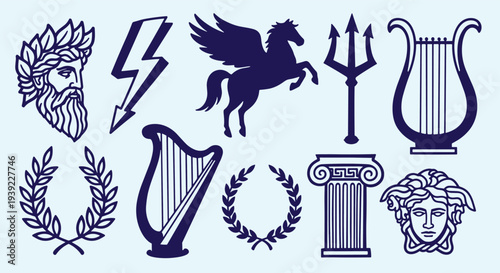 Collection of Ancient Greek Mythology Symbols and Icons Featuring Zeus Pegasus Poseidon Lyre Column and Laurels