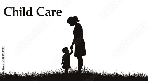 Mother and child holding hands in a grassy field silhouette