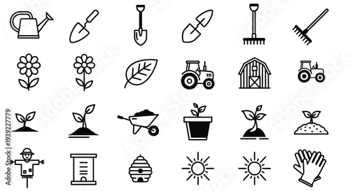 Gardening tools plants and farm equipment in a minimalist silhouette