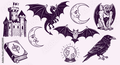 Mystical Gothic Elements Collection Featuring Castle Dragon Moon Bat Crystal Ball Raven and Spellbook for Fantasy Themes