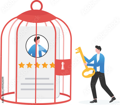 Businessman Using Key to Unlock Profile from Cage