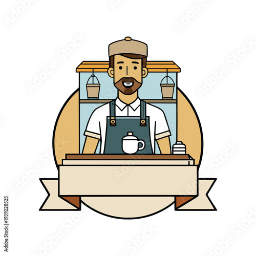 International coffee day male barista character in coffee shop badge