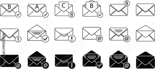 Set of email icons with notifications and symbols for communication and correspondence services