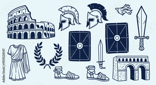 Ancient Roman Empire historical symbols and artifacts collection including colosseum gladiators sandals and laurel wreath