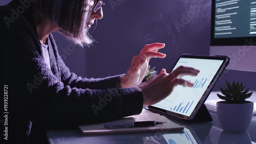 Senior woman performs data analysis at night. This business woman works on tablet, studying chart. Her work requires focused data analysis. This dedicated woman reviews her business work on screen.
