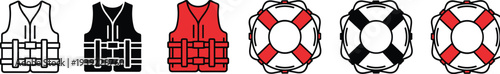 Life jackets and lifebuoys set, safety equipment for water sports and emergencies